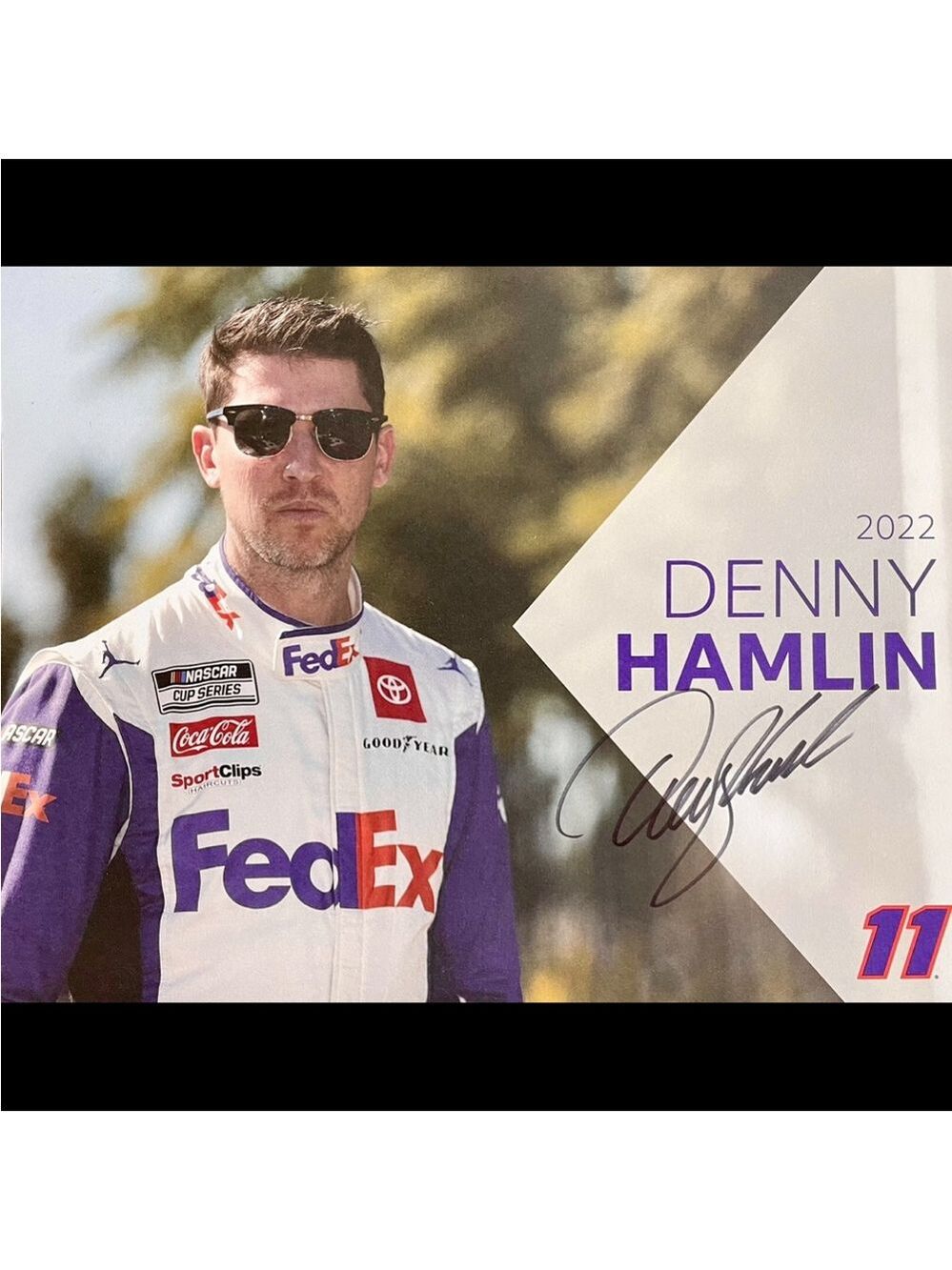2022 Denny Hamlin FedEx NASCAR Signed 8.5x11 Postcard - NASCAR Cut Signatures